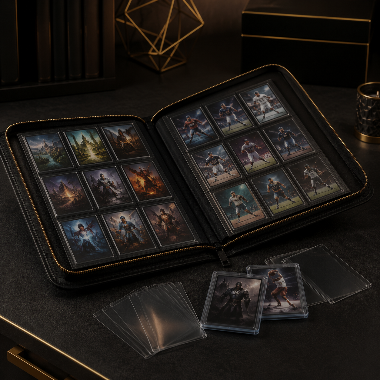 Open premium zip binder with protected trading cards, sleeves and toploaders