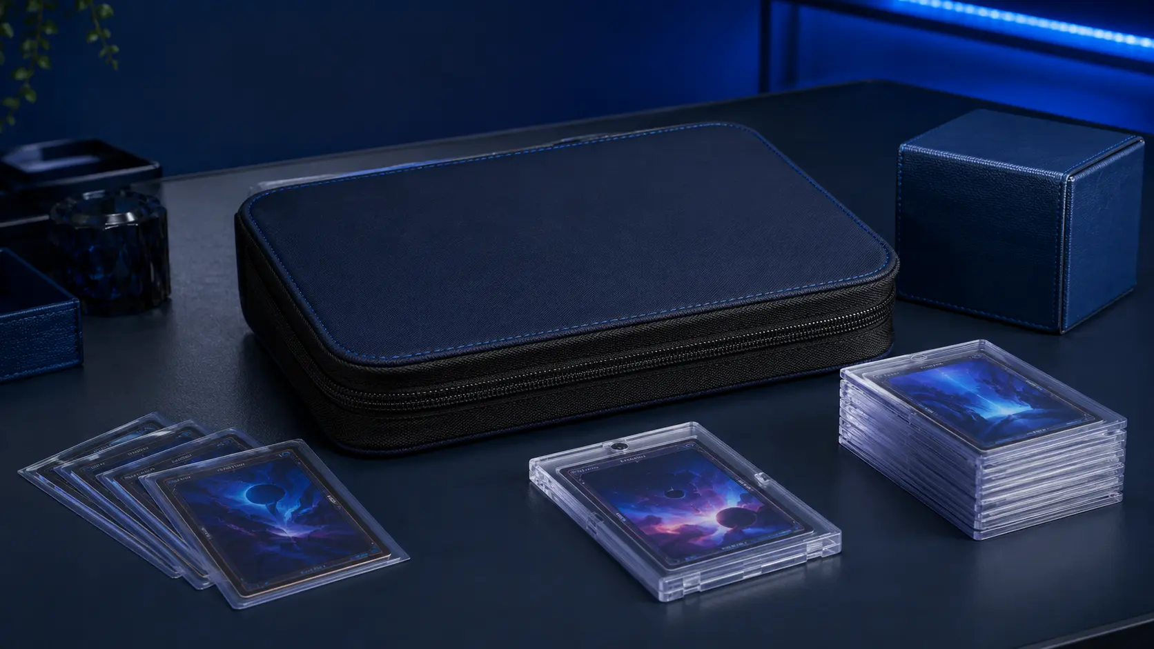 Long-term trading card storage with zip binder, sleeves, toploaders and deck box