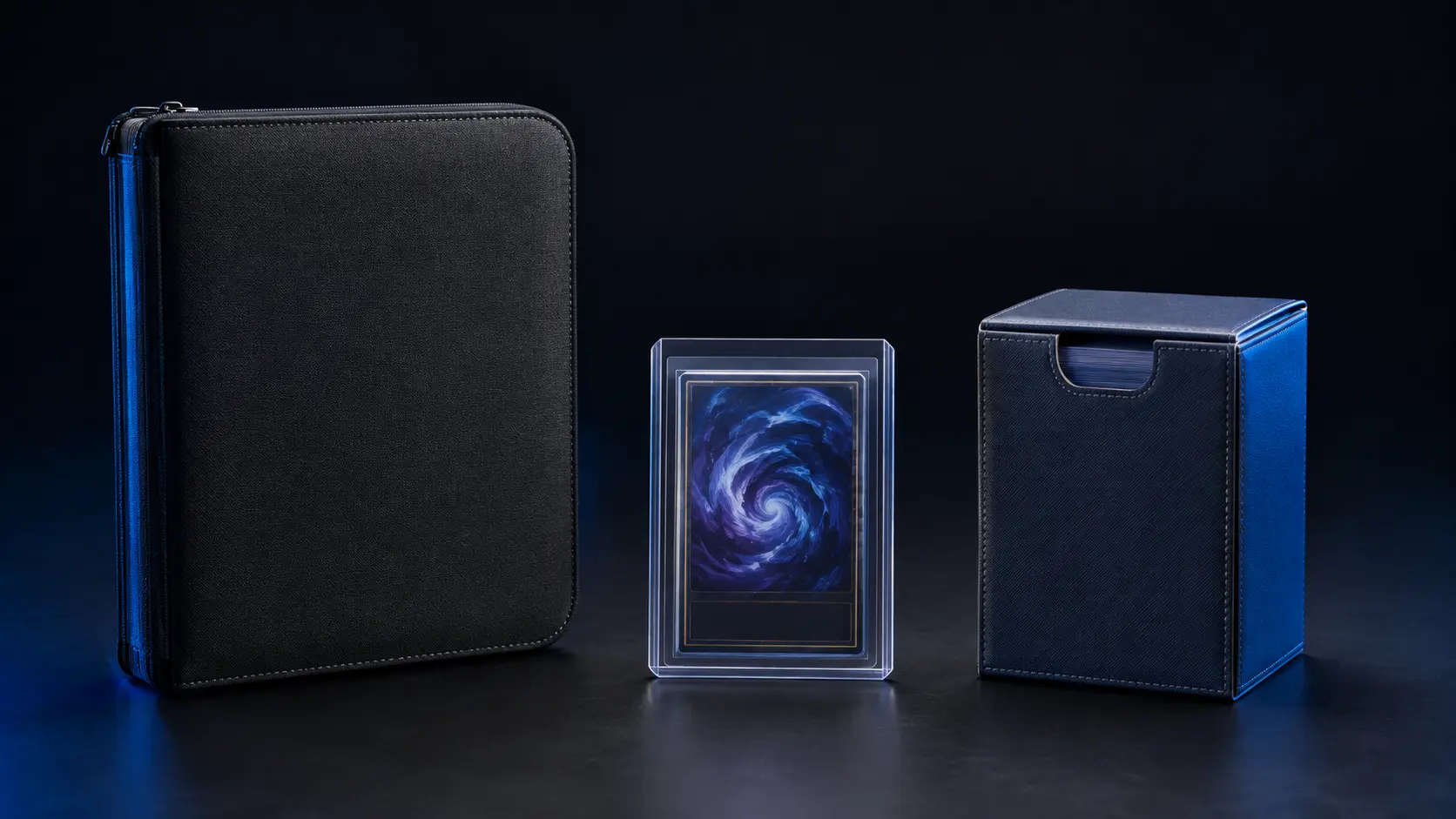 Comparison of a trading card binder, rigid toploader and deck box