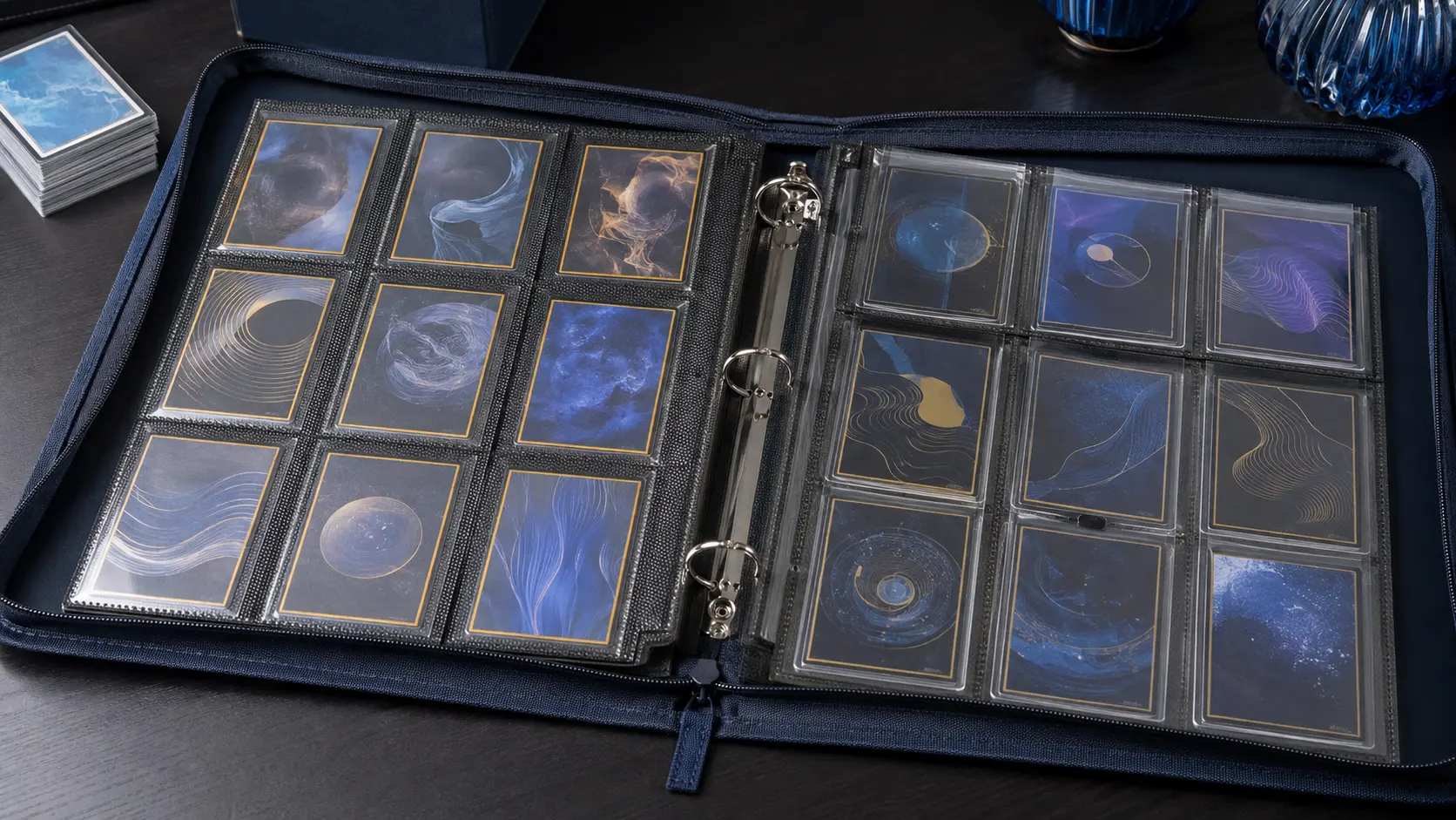 Open trading card binder showing protected cards in clear pocket pages