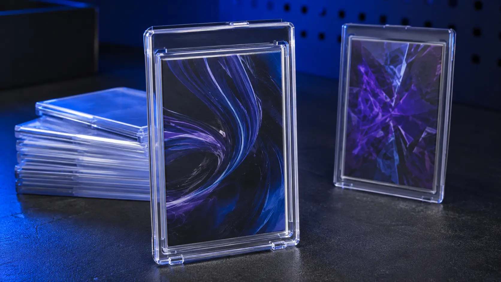 Clear 35pt rigid toploaders protecting standard-size sleeved cards