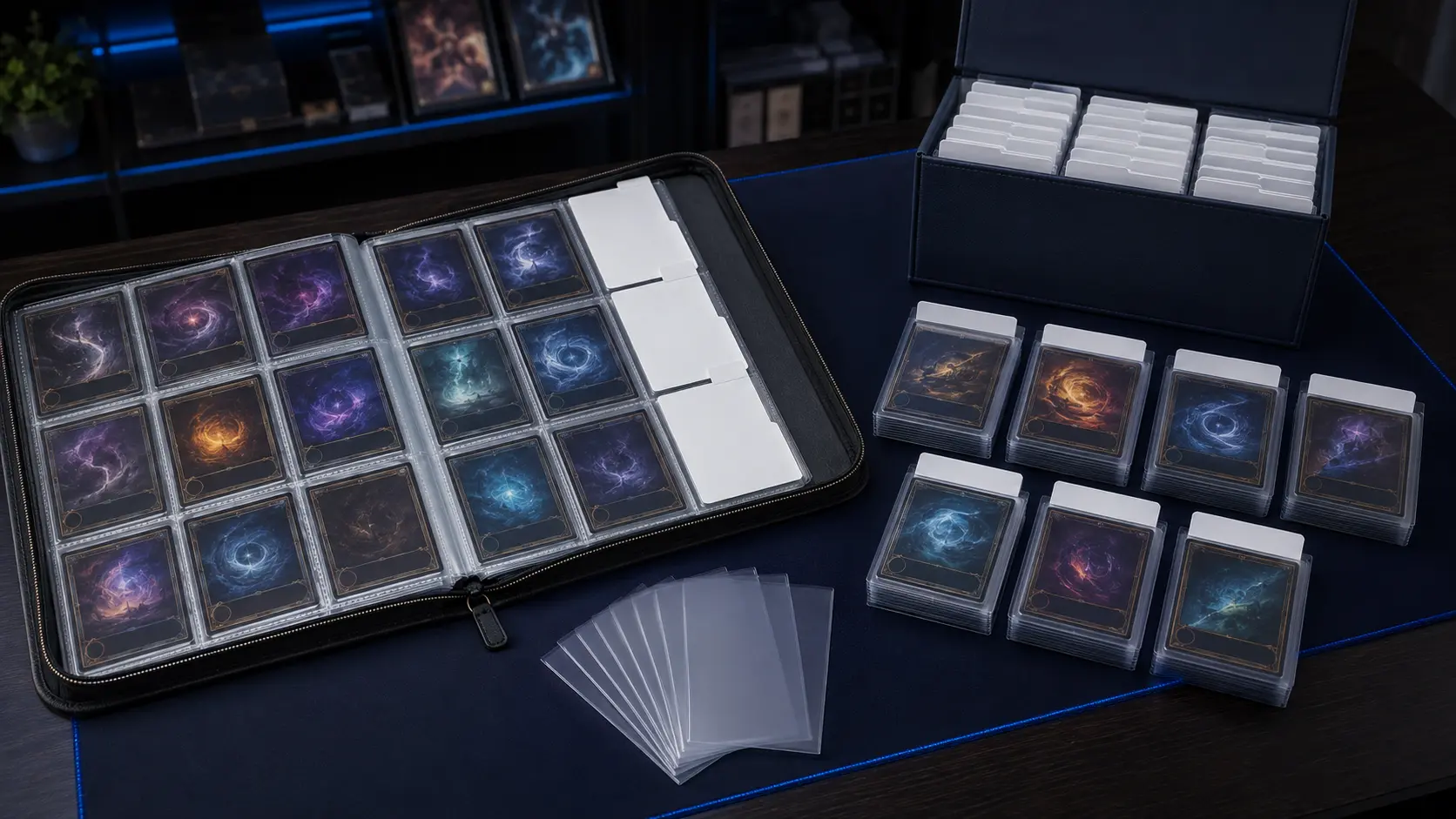 Organized trading card collection with binder, sleeves, dividers and storage box